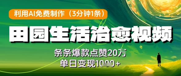 利用AI免费制作田园生活治愈视频，条条爆款点赞20W，单日变现几张-阿鬼