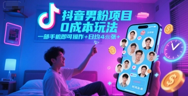 抖音男粉项目0成本玩法，一部手机即可操作，日均4张+，时间自由-阿鬼