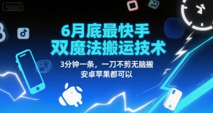 6月底最新快手双魔法搬运技术，3分钟一条，一刀不剪无脑搬，安卓苹果都可以-阿鬼