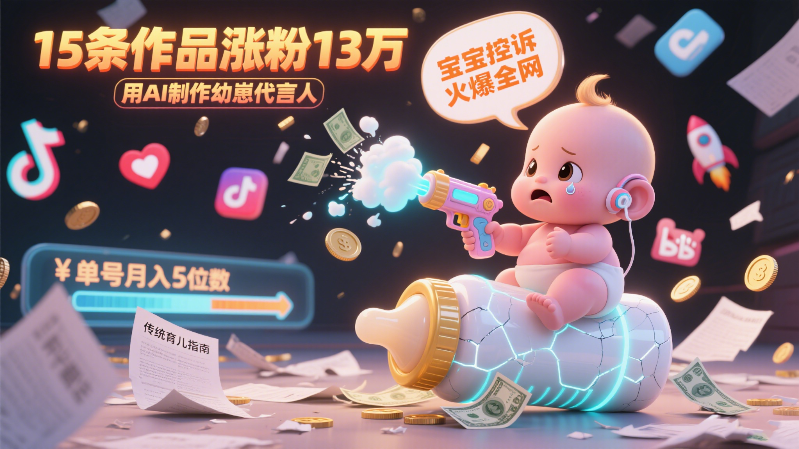 用AI制作幼崽代言人，宝宝的控诉火爆全网，15条作品涨粉13万，单号月入5位数实操教程-阿鬼