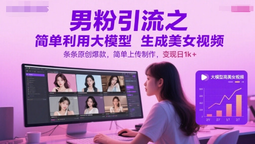 男粉引流之简单利用大模型生成美女视频，条条原创爆款，简单上传制作，变现日1k+-阿鬼