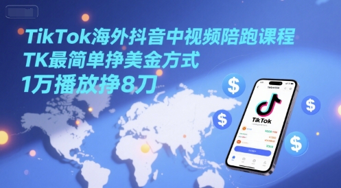 TikTok海外抖音中视频陪跑课程，TK最简单挣美金方式，1万播放挣8刀-阿鬼
