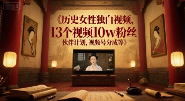 历史女性独白视频，13个视频10w粉丝，伙伴计划，视频号分成等-阿鬼