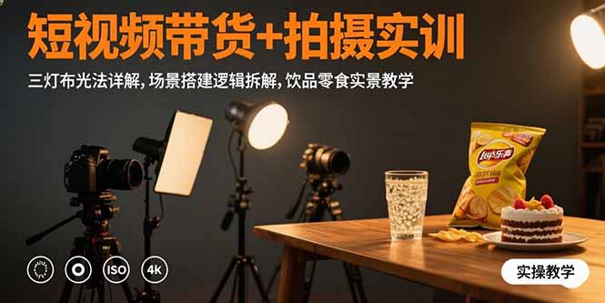短视频带货+拍摄实训：三灯布光法详解,场景搭建逻辑拆解,饮品零食实景教学-阿鬼