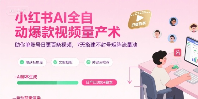 小红书AI全自动爆款视频量产术，助你单账号日更百条视频，7天搭建不封号矩阵流量池-阿鬼