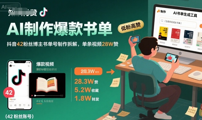 AI制作爆款书单，抖音42粉丝博主书单号制作拆解，单条视频28W赞-阿鬼