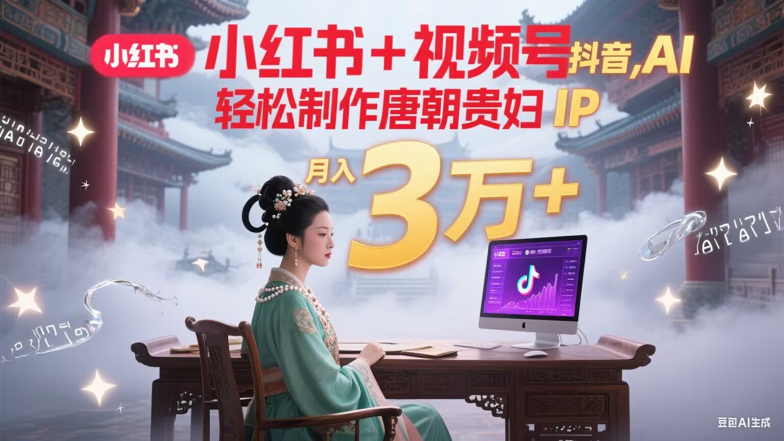 小红书+视频号+抖音，AI轻松制作唐朝贵妇IP，毒鸡汤、励志、减肥瘦身、养生赛道轻松切入，每天30分钟，轻松产出N条，月入3万+-阿鬼