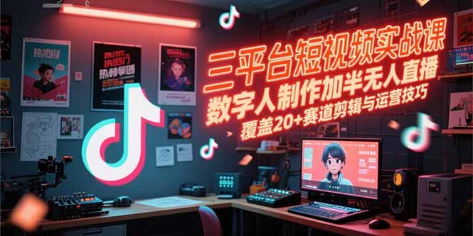 三平台短视频实战课，数字人制作加半无人直播，覆盖20+赛道剪辑与运营技巧-阿鬼