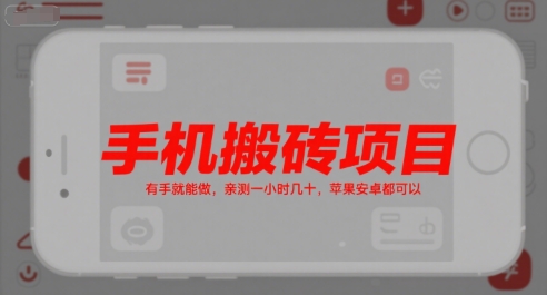 手机搬砖项目，有手就能做，亲测一小时几十，苹果安卓都可以-阿鬼