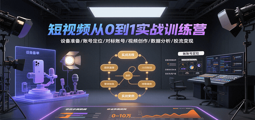 短视频从0到1实战训练营：设备准备/账号定位/对标账号/视频创作/数据分析/投流变现-阿鬼