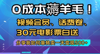 0成本薅羊毛!视频会员、话费卷、30元电影票白送，分享我如何靠转卖一天变现5张+【揭秘】-阿鬼