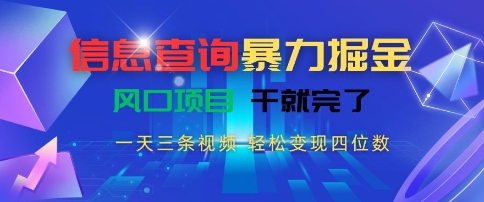 信息查询暴力掘金，一天三条视频，轻松变现四位数，风口项目干就完了【揭秘】-阿鬼