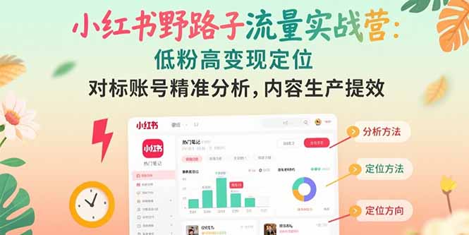 小红书野路子流量实战营：低粉高变现定位 对标账号精准分析 内容生产提效-阿鬼