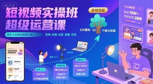 短视频实操班超级运营课，新手小白到短视频大神必修课程，剪辑-拍摄-运营-直播-变现-阿鬼